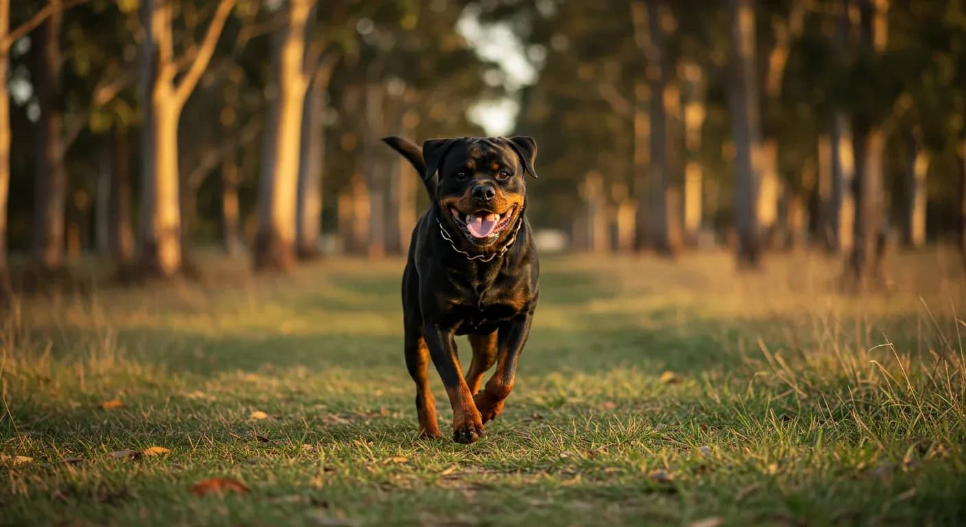 A healthy adult Rottweiler running on a grass trail during exercise, demonstrating the active lifestyle these working dogs require for optimal health and happiness