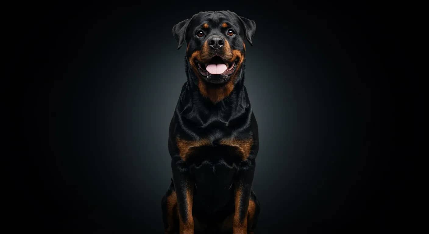 Professional portrait of a healthy Rottweiler sitting in a veterinary clinic, demonstrating the breed's strong, alert appearance that's central to understanding their health care needs