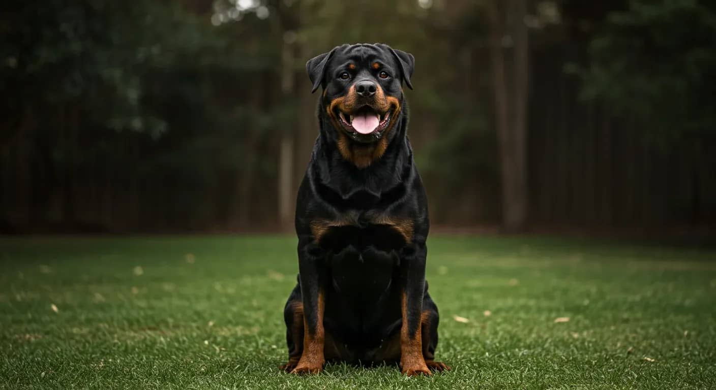 Professional portrait of a healthy Rottweiler with shiny coat sitting centered in an Australian backyard, representing the breed discussed in the skin health article