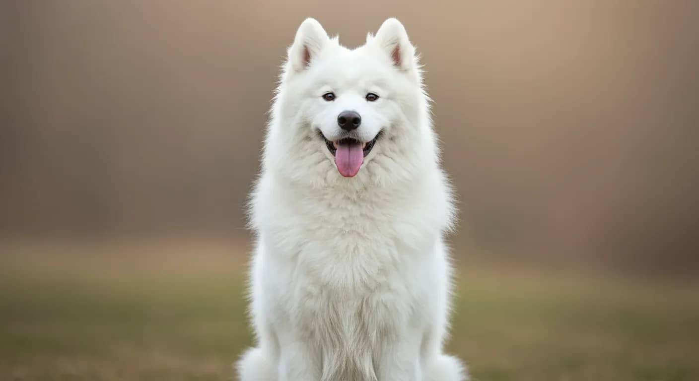 A well-groomed Samoyed dog with fluffy white coat sitting in center of frame, demonstrating the beautiful coat condition that proper grooming achieves
