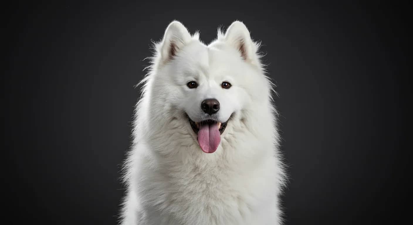 A fluffy white Samoyed dog centered in the frame showing their thick double coat, illustrating the breed's natural shedding characteristics discussed in the article