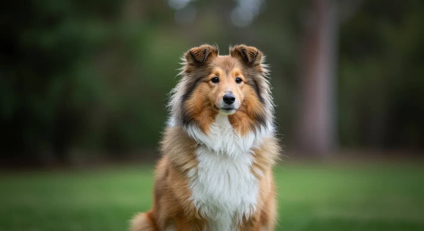 Professional portrait of a well-groomed Shetland Sheepdog showcasing the breed's beautiful double coat, demonstrating the results of proper grooming care
