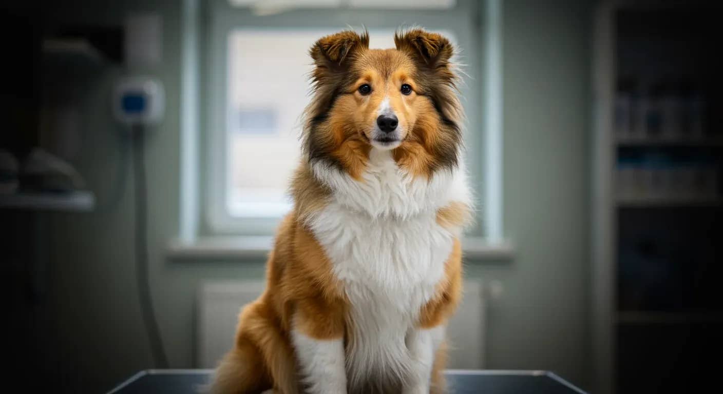 A healthy Shetland Sheepdog sitting in a veterinary clinic setting, representing the importance of proactive health care for this breed