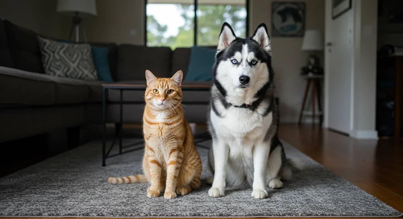 A Siberian Husky and orange tabby cat sitting peacefully together on a living room rug, demonstrating the possibility of harmonious cohabitation between these species