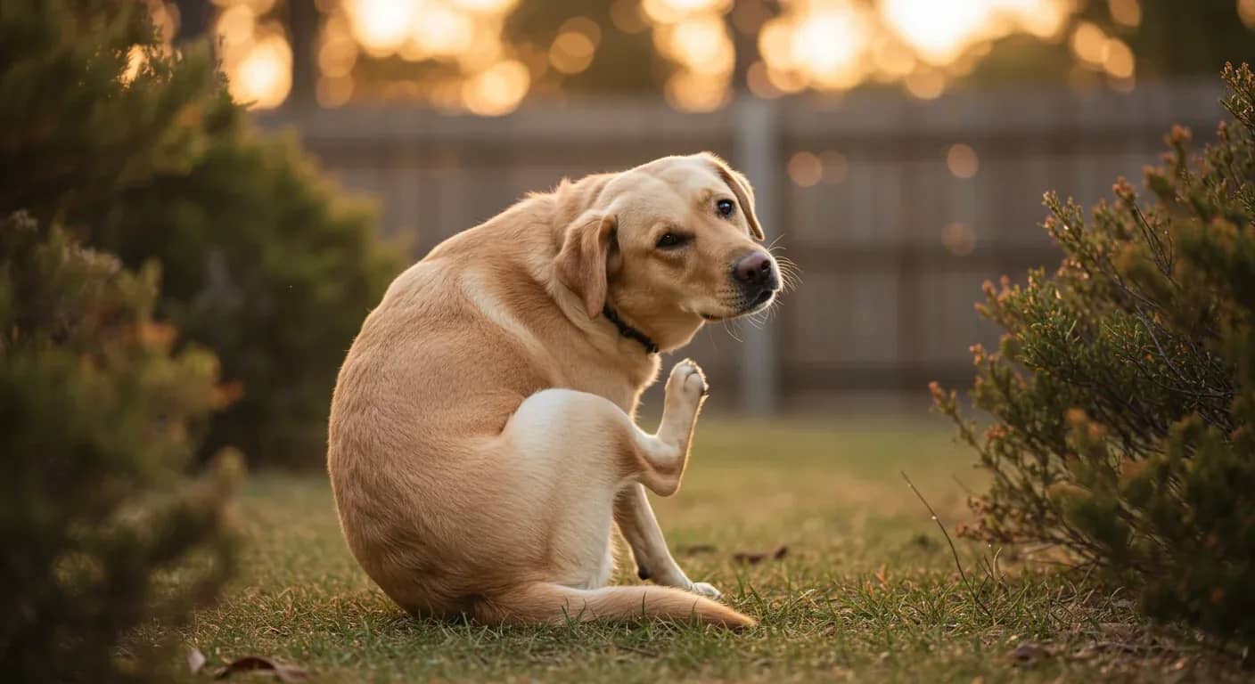 Golden Labrador scratching behind ear, illustrating common allergy symptoms in the breed