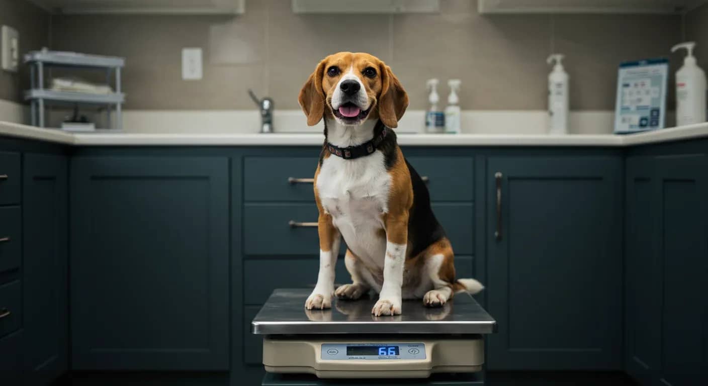 A healthy Beagle sitting on a veterinary scale in a clean, modern clinic setting, representing proper weight management and veterinary monitoring for the breed