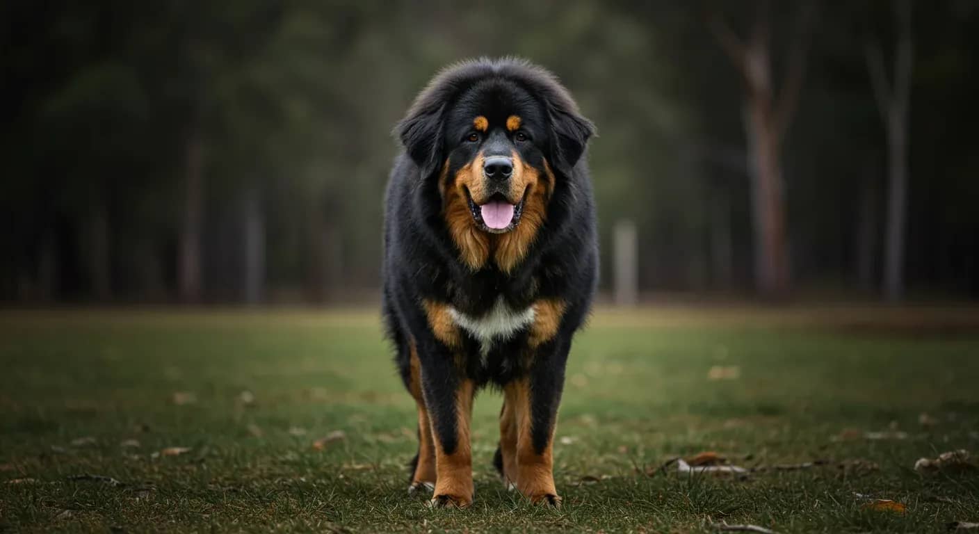 A magnificent Tibetan Mastiff standing alert in the center of an Australian landscape, showcasing the breed's impressive size and protective stance that relates to the article's focus on managing their natural guarding instincts