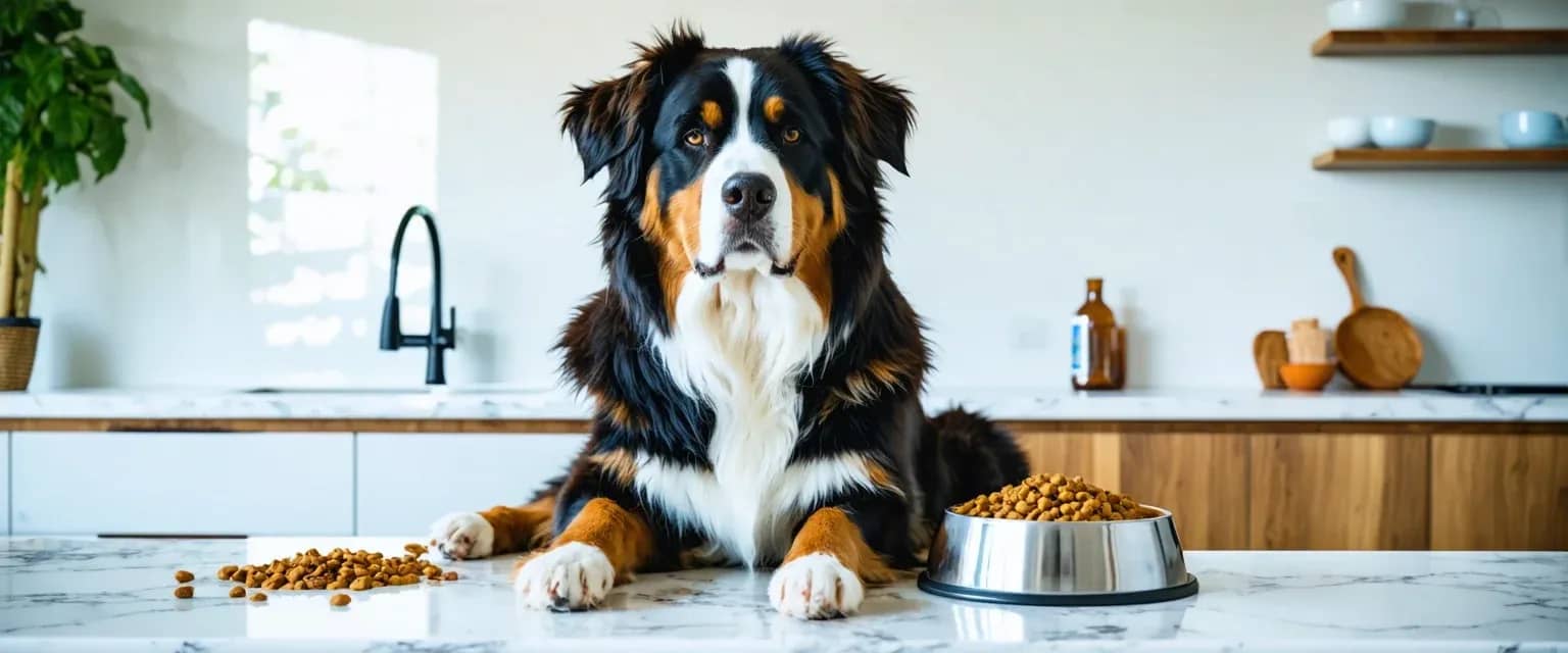 A beautiful Bernese Mountain Dog sitting next to a food bowl in a kitchen, representing proper nutrition and feeding practices for the breed