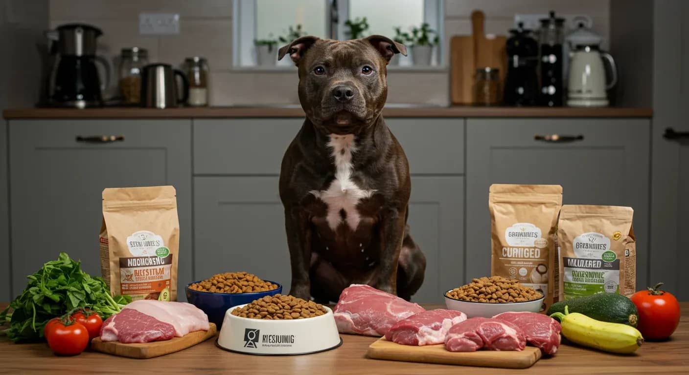 A well-built Staffordshire Bull Terrier surrounded by different types of quality dog food options including kibble, raw meat, and fresh ingredients, illustrating the comprehensive nutrition guide for this breed