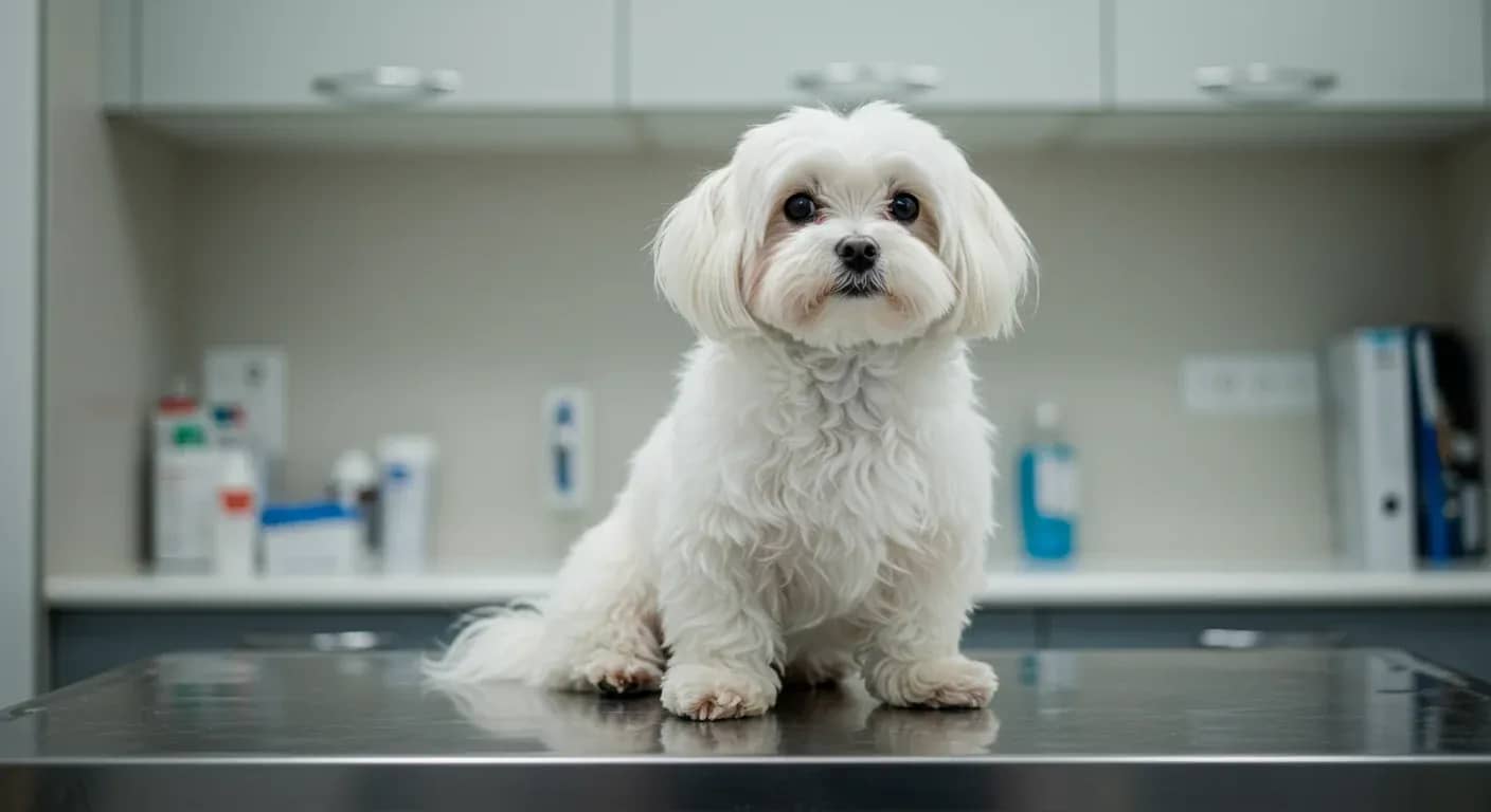 A beautiful white Maltese dog sitting on a veterinary examination table in a clean, modern clinic, representing the importance of regular health monitoring for this breed