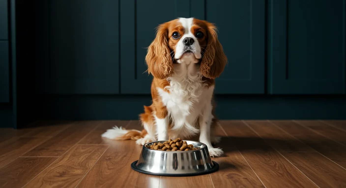 Cavalier King Charles Spaniel sitting behind a food bowl filled with kibble in a modern kitchen, illustrating proper feeding practices for the breed