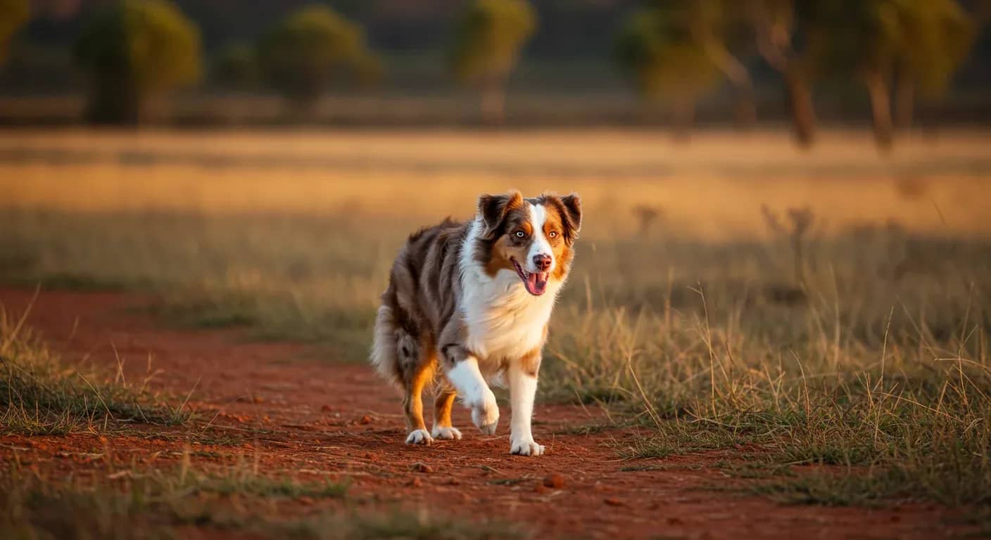 An Australian Shepherd running at full speed across open Australian terrain, demonstrating the breed's exceptional energy and athleticism discussed in the article