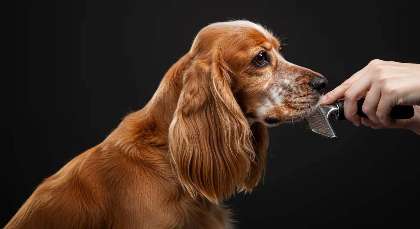 English Cocker Spaniel being groomed with a brush, demonstrating the breed's beautiful silky coat that requires regular maintenance