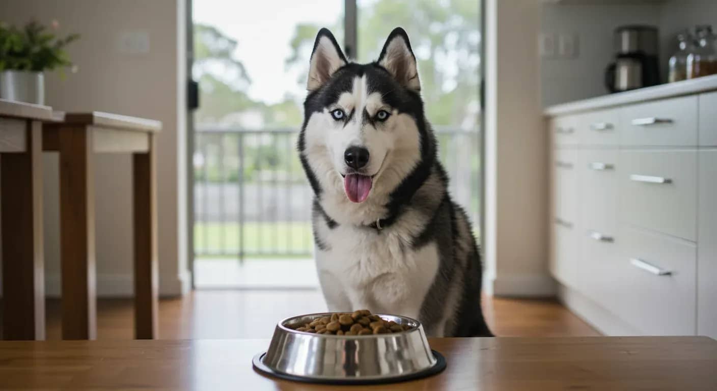 A Siberian Husky with blue eyes sitting centered in a modern kitchen next to a bowl of premium dog food, illustrating proper nutrition for the breed
