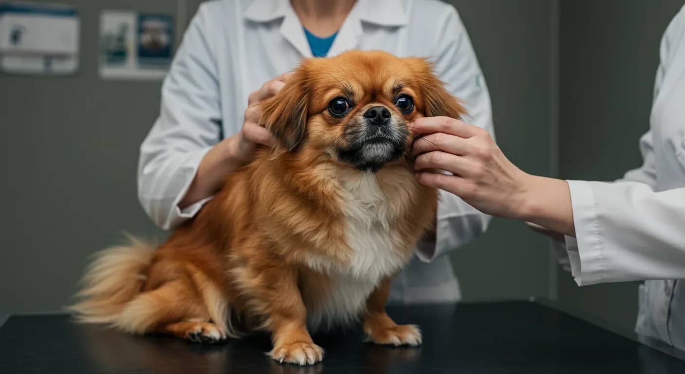 A Tibetan Spaniel being examined by a veterinarian in a clinic, representing the importance of regular health monitoring for this breed's specific health concerns
