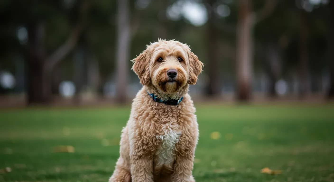 A well-behaved cream Labradoodle sitting attentively during training, demonstrating the focused and intelligent nature that makes this breed highly trainable