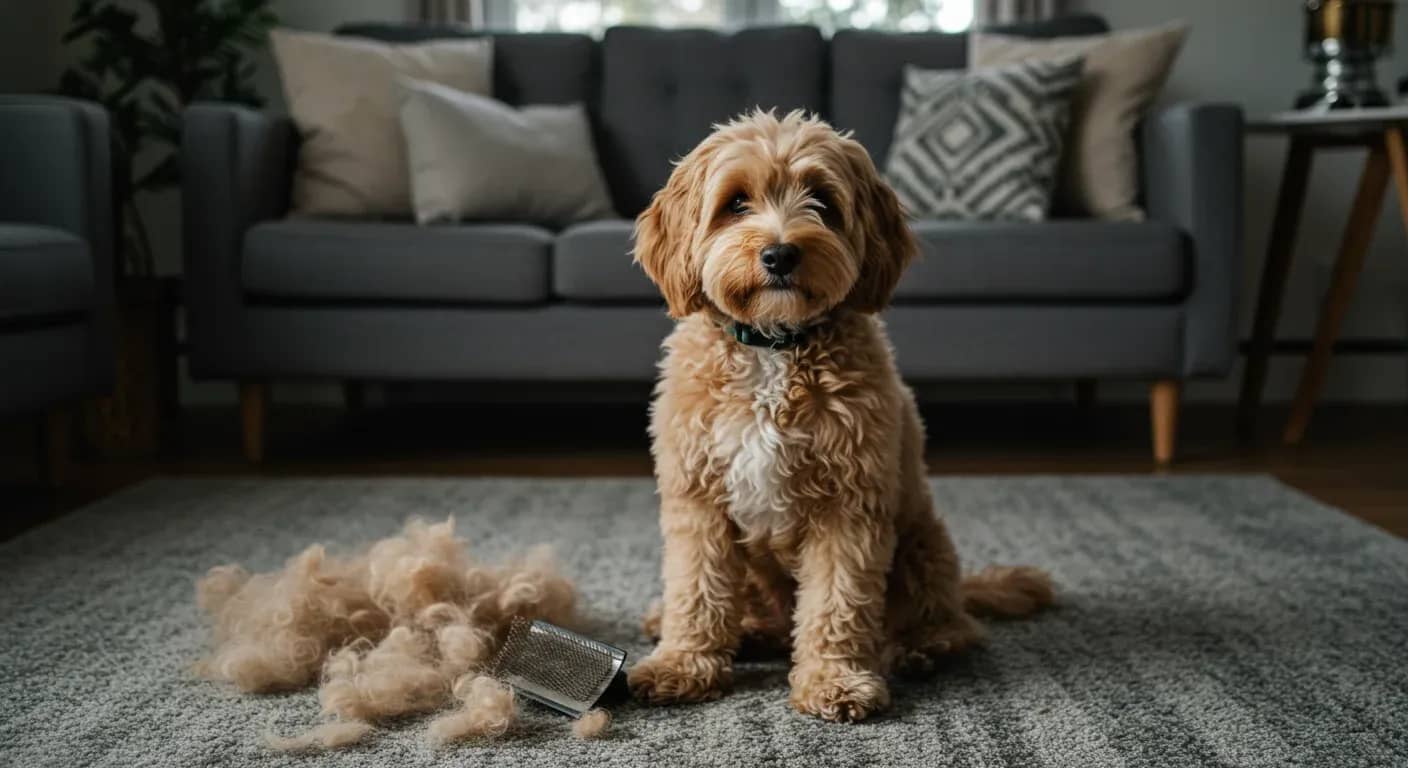 A cream Cavoodle with curly coat sitting on carpet with visible shed fur around it and a grooming brush nearby, illustrating the article's focus on managing Cavoodle shedding through proper care