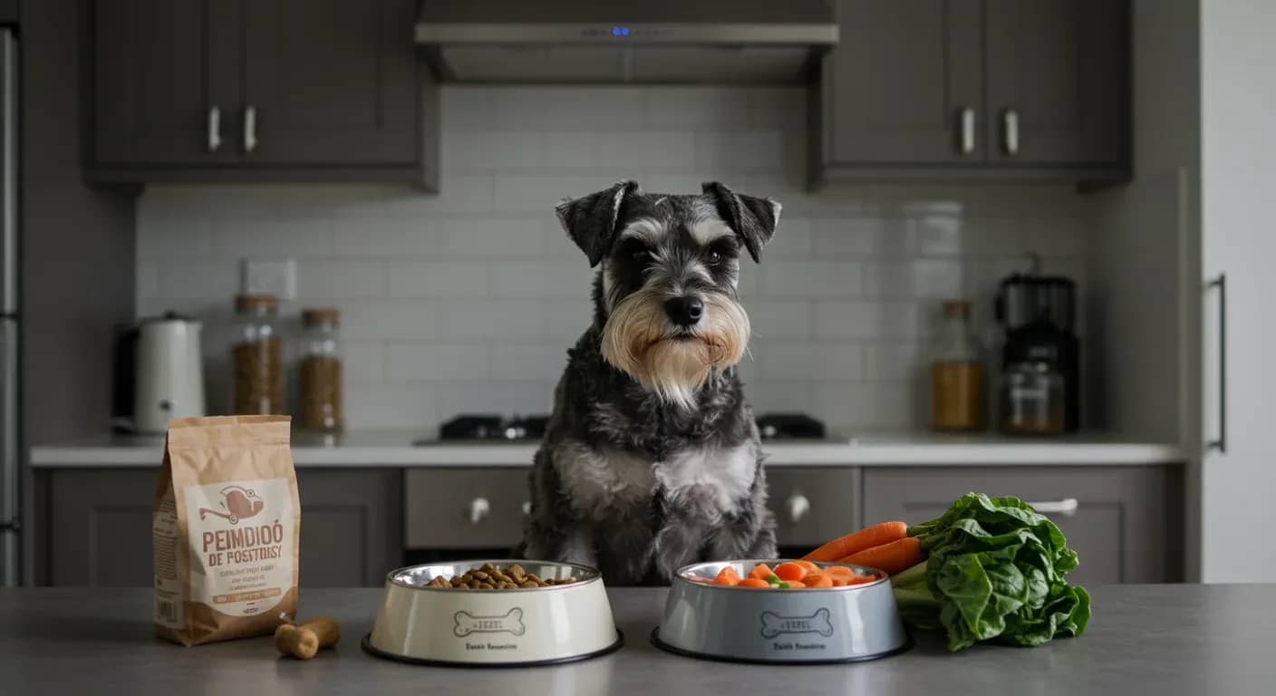 A well-groomed Miniature Schnauzer sitting at a kitchen counter with healthy dog food, representing proper nutrition for the breed