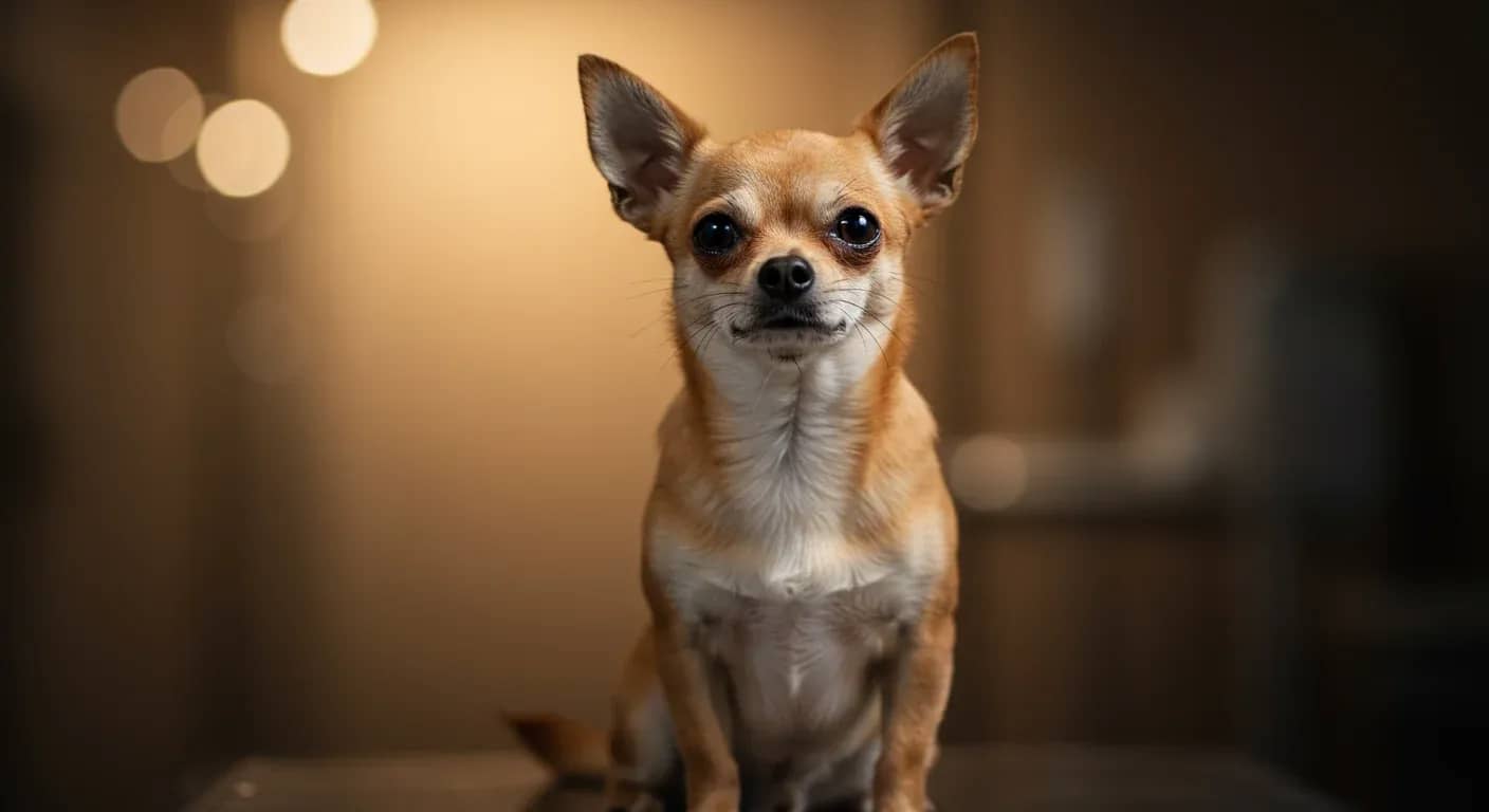 A healthy Chihuahua sitting centered in frame at a veterinary clinic, representing the article's focus on Chihuahua health concerns and preventive care