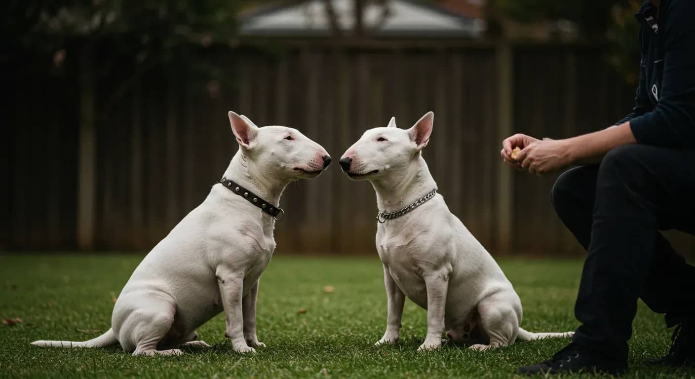 A white Bull Terrier sitting attentively during a training session with their owner in a backyard setting, demonstrating the focused and intelligent nature discussed in the article about training these unique dogs
