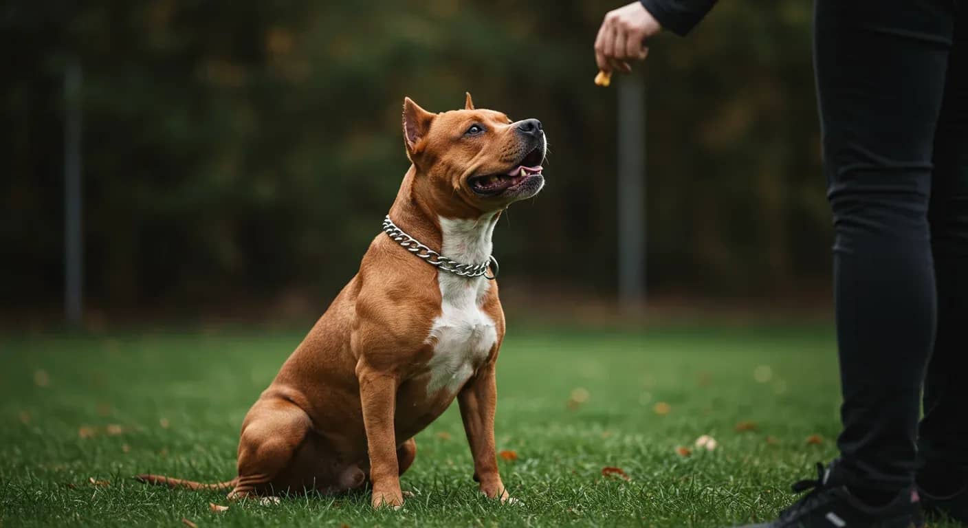 American Staffordshire Terrier sitting attentively during training session, looking up at trainer's hand with treat, demonstrating positive reinforcement training approach