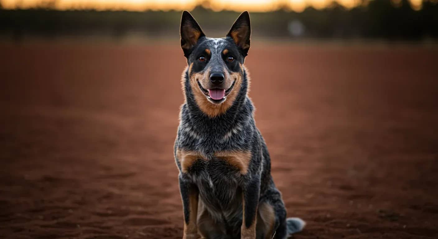 A healthy Blue Heeler sitting in centered composition against an Australian outback backdrop, representing the breed's longevity and vitality discussed in the article