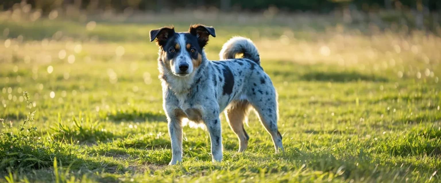 A healthy Blue Heeler dog standing confidently in Australian grassland, demonstrating the breed's robust build and alert nature that contributes to their 12-16 year lifespan