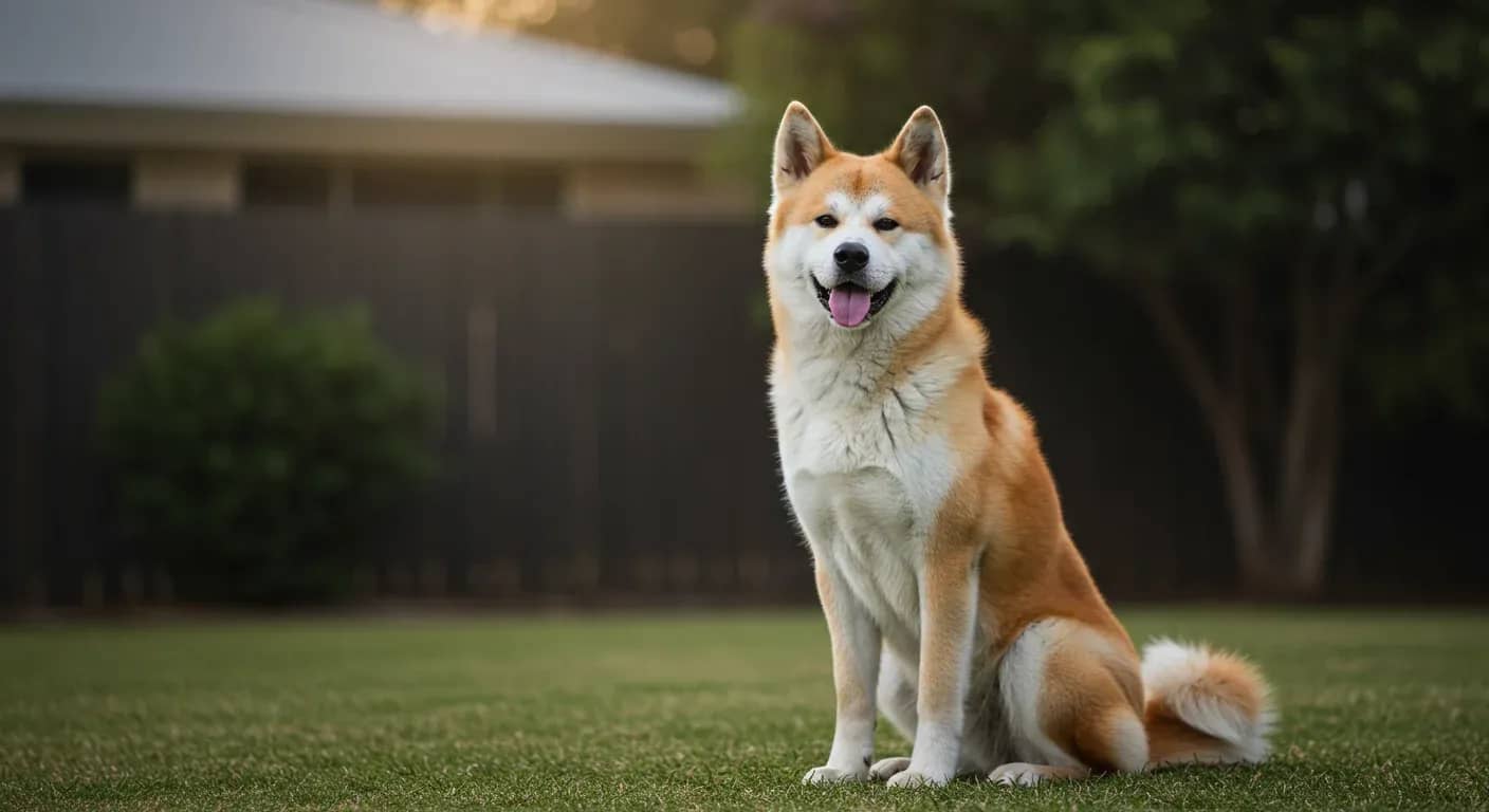 A beautiful red Akita dog sitting with alert expression in front of an Australian home, showcasing the breed's noble guardian characteristics and loyal temperament