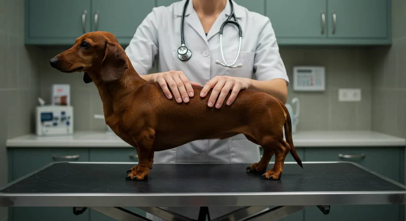 A red Dachshund being gently examined by a veterinarian's hands along its spine, demonstrating the breed's distinctive long body structure that makes them vulnerable to back problems