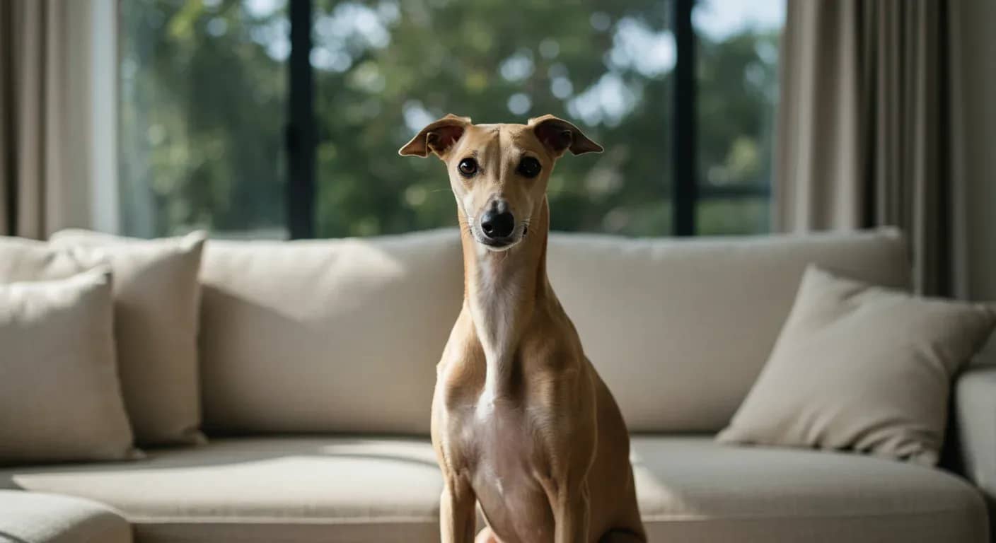 A beautiful fawn Whippet sitting on a cream sofa looking directly at the camera with gentle, slightly worried eyes, representing the breed's sensitive nature and strong attachment to their owners that makes them prone to separation anxiety