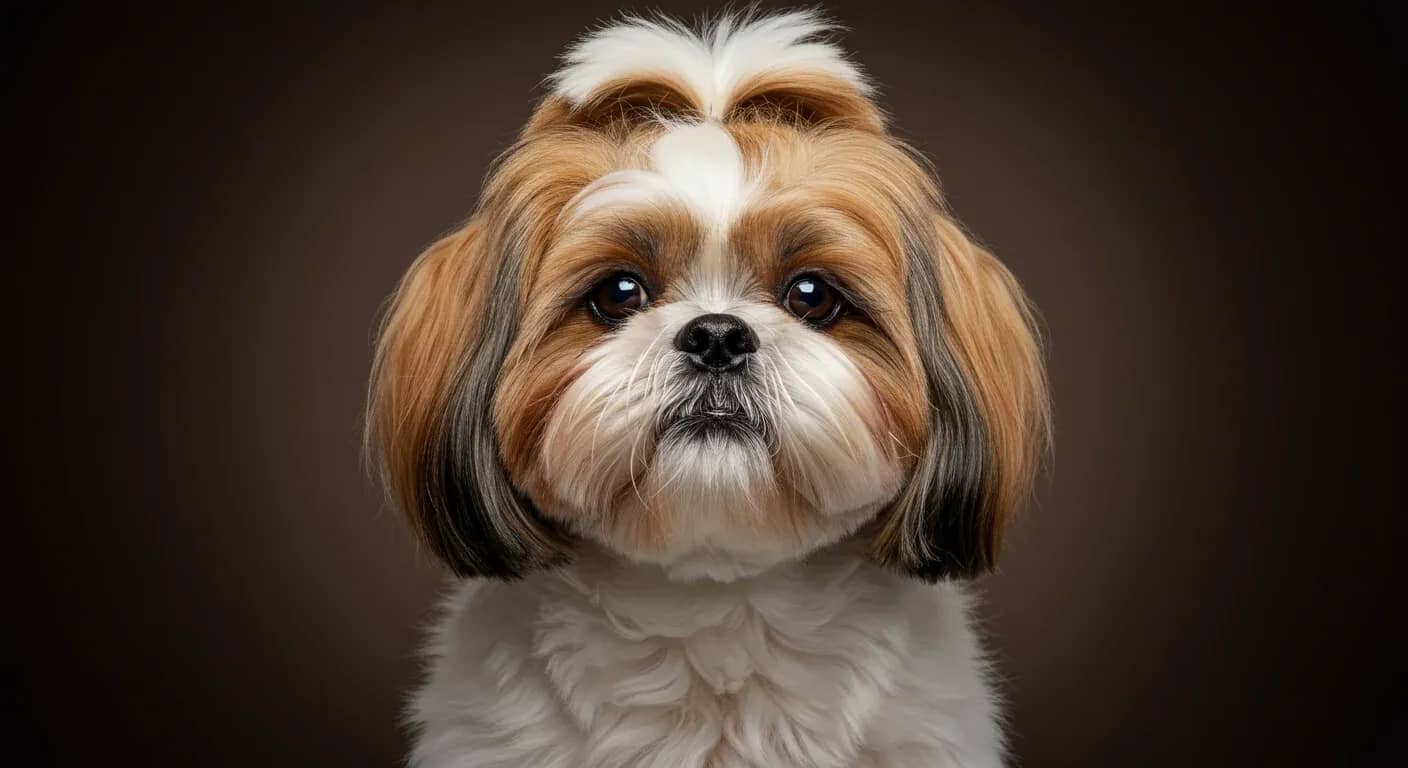 Close-up portrait of a Shih Tzu with long, silky coat showcasing the breed's distinctive features and beautiful coat that requires careful skin care management