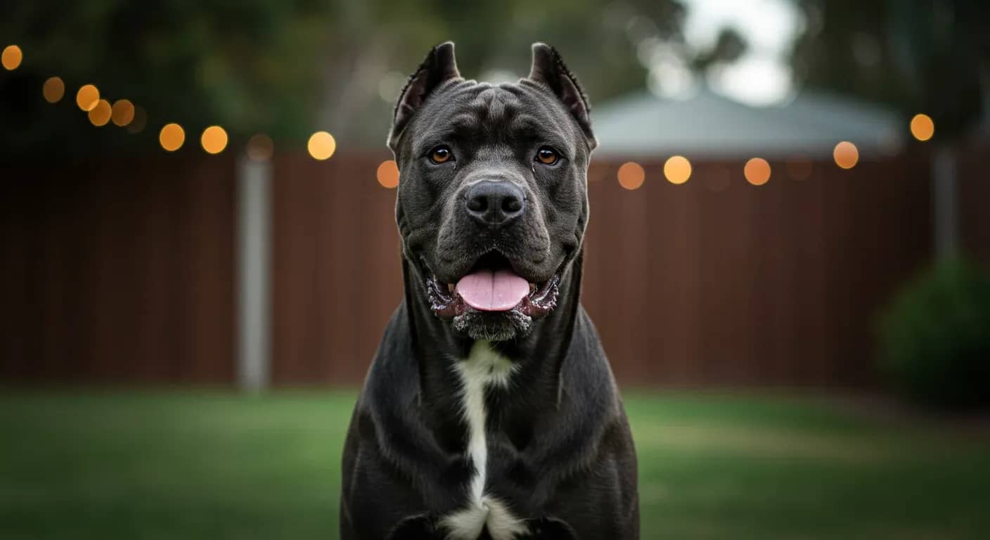 A centered portrait of a calm but alert Cane Corso dog demonstrating the breed's natural protective demeanor and confident temperament that the article discusses