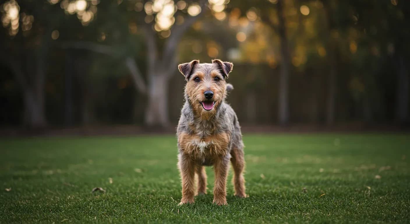 Healthy Australian Terrier standing alert in centered composition in an Australian backyard, representing the breed's overall health and vitality discussed in the comprehensive health guide
