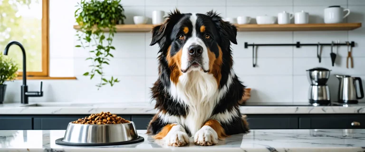 A beautiful Bernese Mountain Dog sitting next to a food bowl in a modern kitchen, representing the importance of proper nutrition for this breed's health and wellbeing
