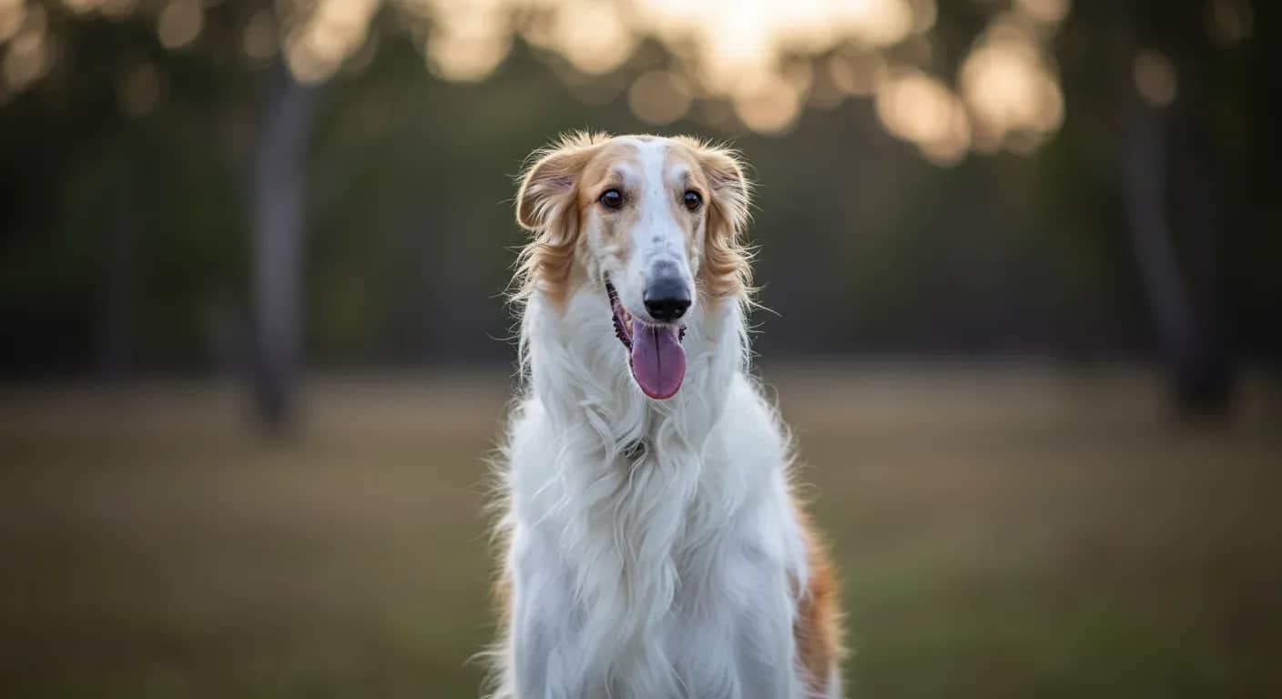 Portrait of a Borzoi dog with flowing coat centered in frame, showcasing the breed's gentle and dignified temperament discussed in the article