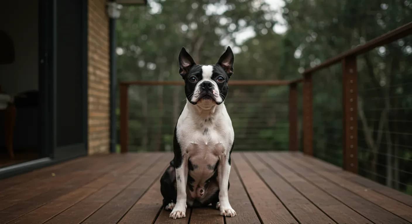 A Boston Terrier with black and white markings sitting on a wooden deck, demonstrating the breed's friendly and alert personality that the article discusses