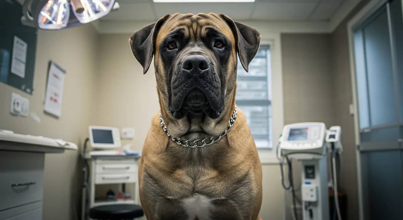 A large English Mastiff sitting in a veterinary examination room, representing the breed's health challenges and the importance of professional medical care
