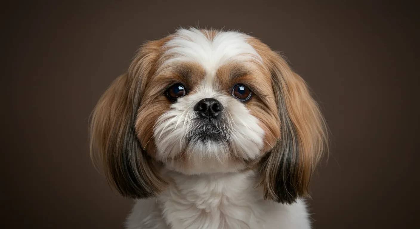 Close-up portrait of a Shih Tzu dog with long, silky coat and distinctive facial features, illustrating the breed's dense fur and facial folds that can complicate food allergies