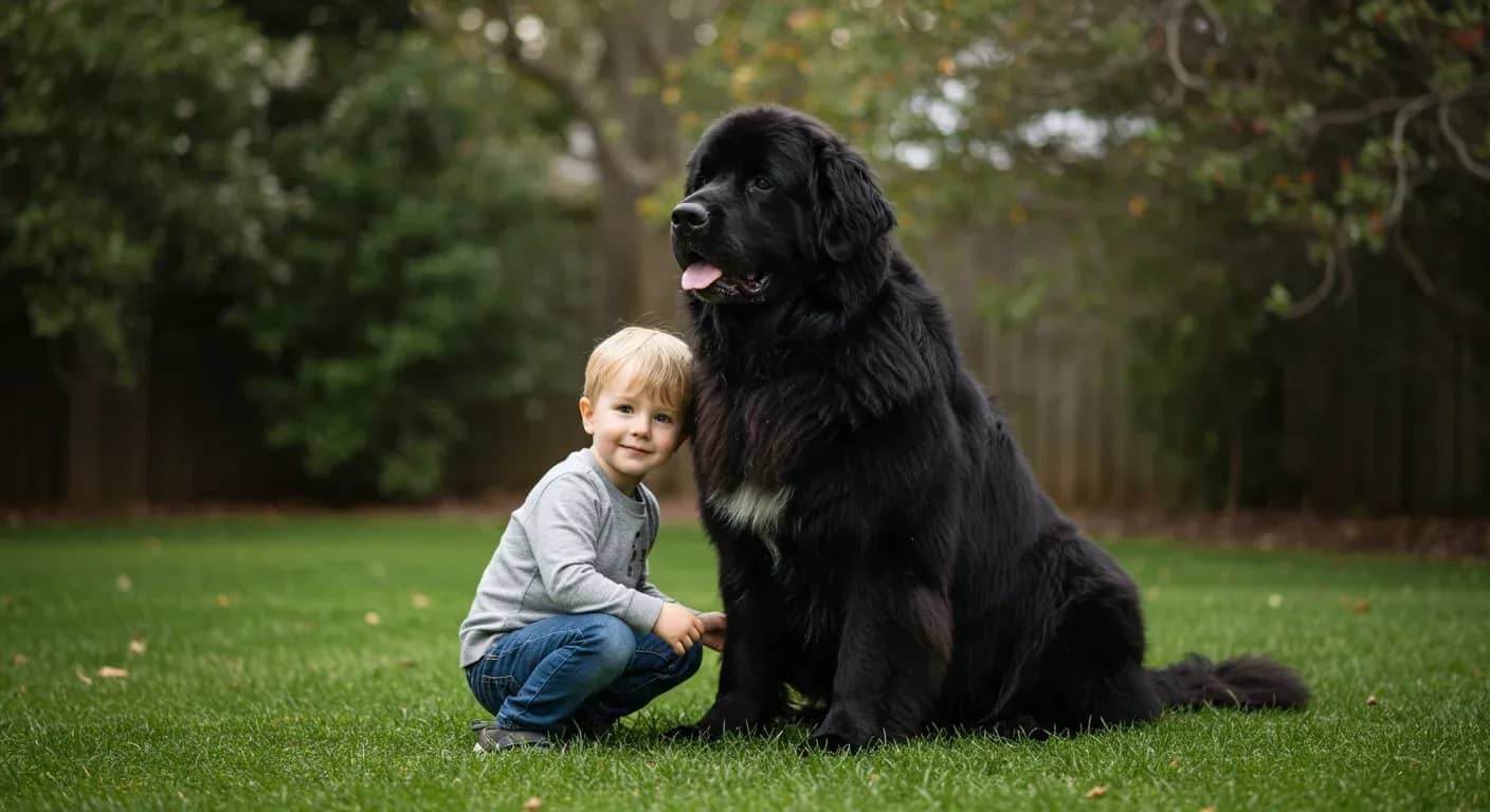 A gentle black Newfoundland dog sitting patiently beside a young child in a backyard, demonstrating the breed's famous protective and nurturing temperament with children