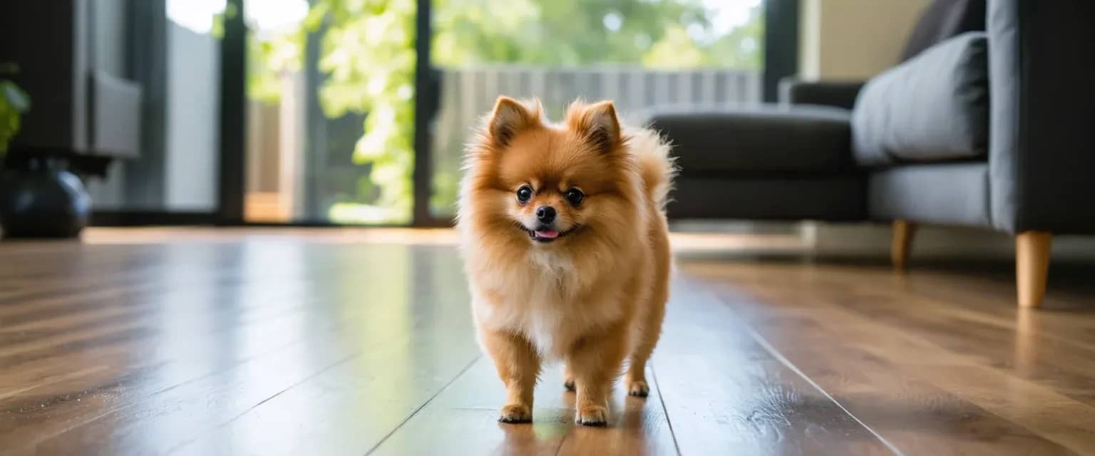 Confident orange Pomeranian standing alert on hardwood flooring, demonstrating the breed's bold personality and fluffy coat characteristic of their temperament