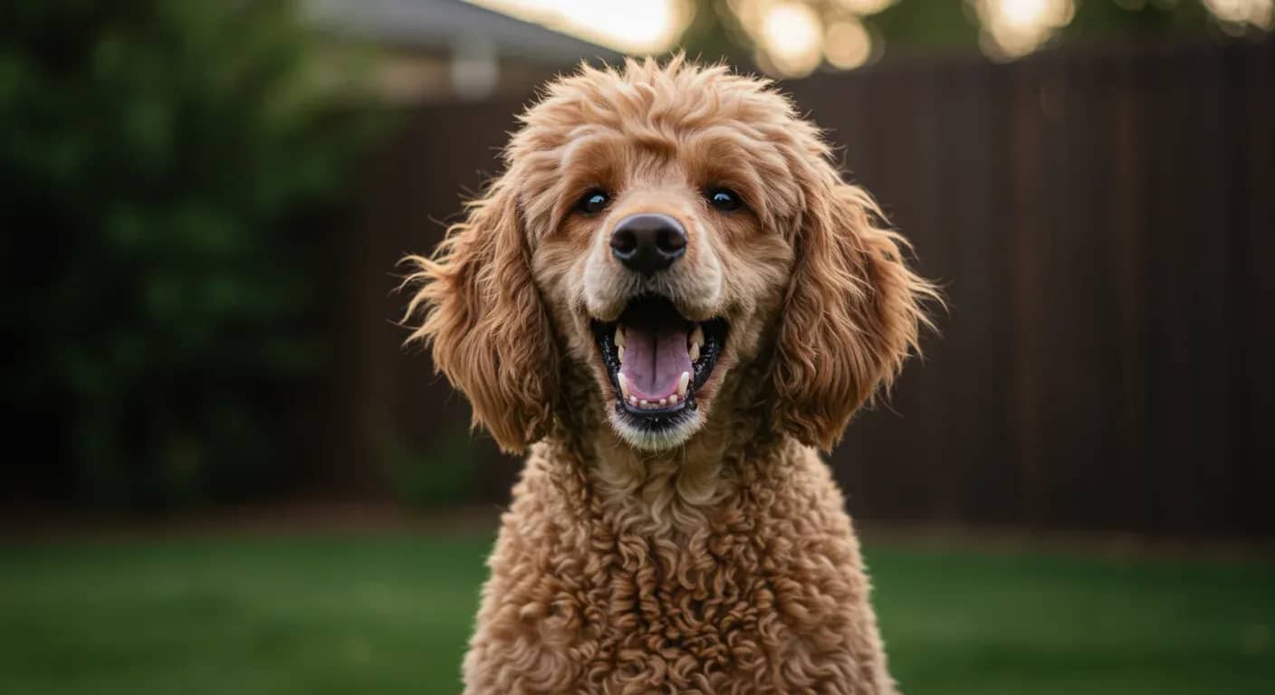 A Standard Poodle with apricot curly coat barking in a suburban backyard, demonstrating the breed's naturally vocal behavior discussed in the article