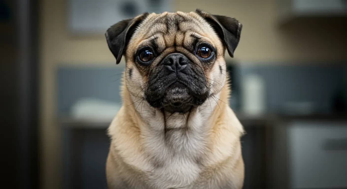 Close-up portrait of a fawn Pug showing the distinctive facial wrinkles and skin folds that are prone to dermatitis, representing the article's focus on Pug skin health issues