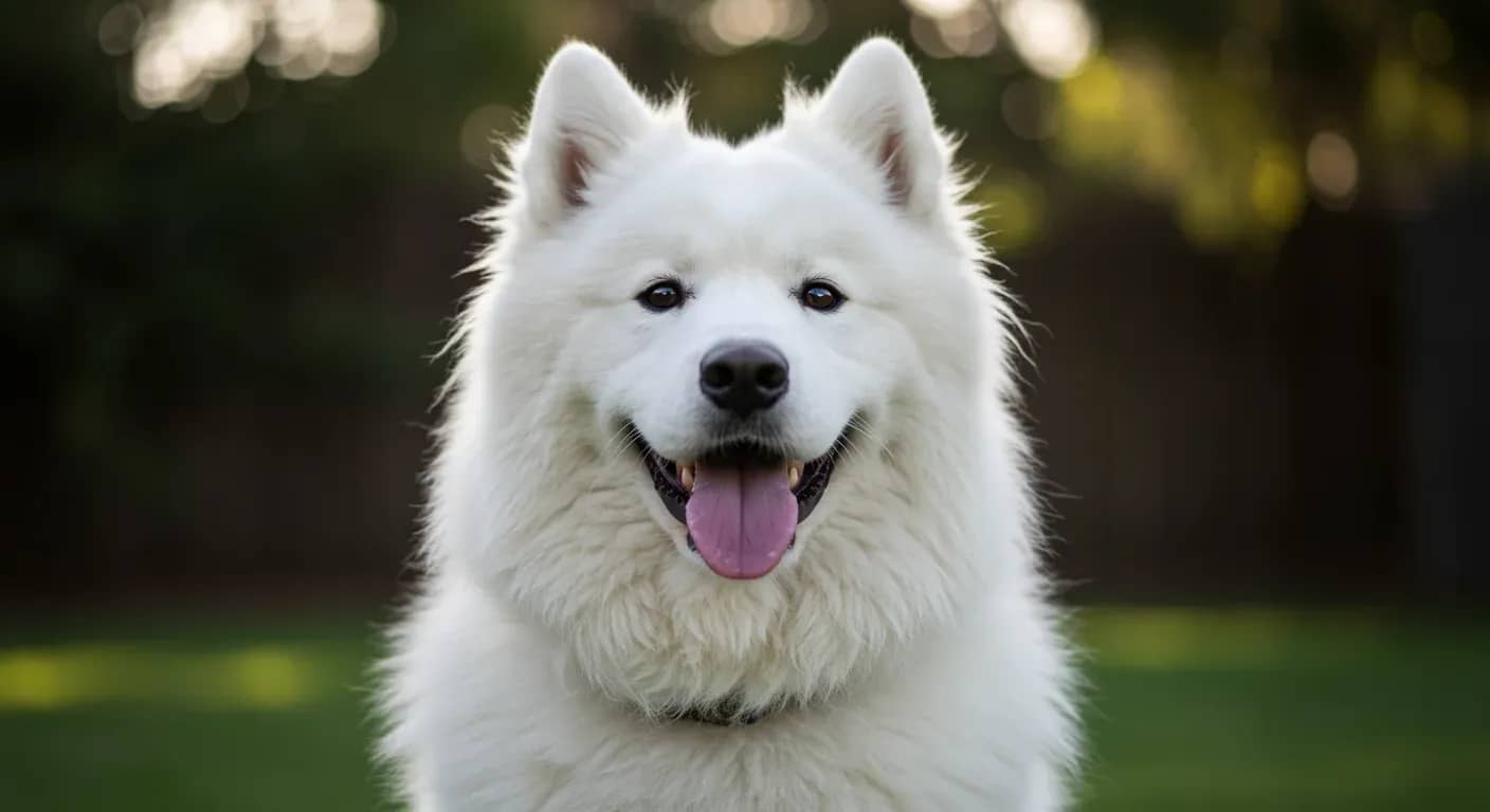 A smiling white Samoyed dog with fluffy coat centered in frame, representing the breed's happy temperament and social nature discussed in the article