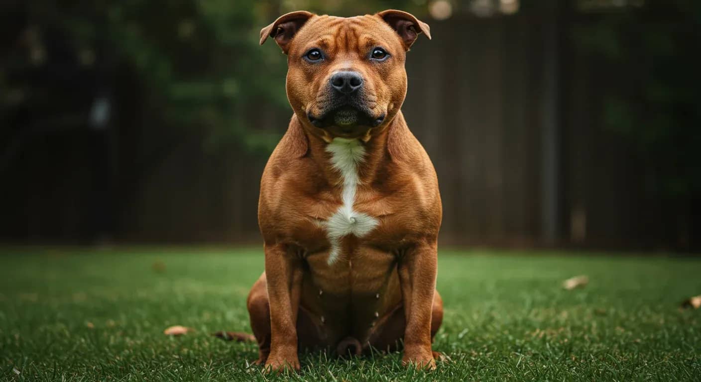 A Staffordshire Bull Terrier sitting in a centered pose in an Australian backyard, showcasing the breed's muscular build and gentle expression that represents their affectionate yet strong nature