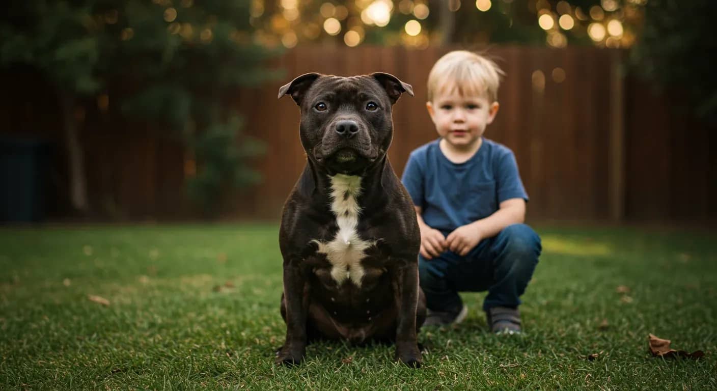 A Staffordshire Bull Terrier sitting peacefully next to a child, demonstrating the breed's gentle and protective nature with families