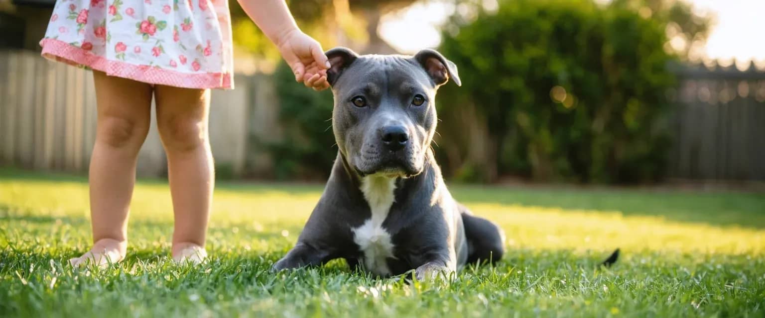 A Staffordshire Bull Terrier sitting calmly with a child's hand on its head, demonstrating the breed's gentle nature with families and children