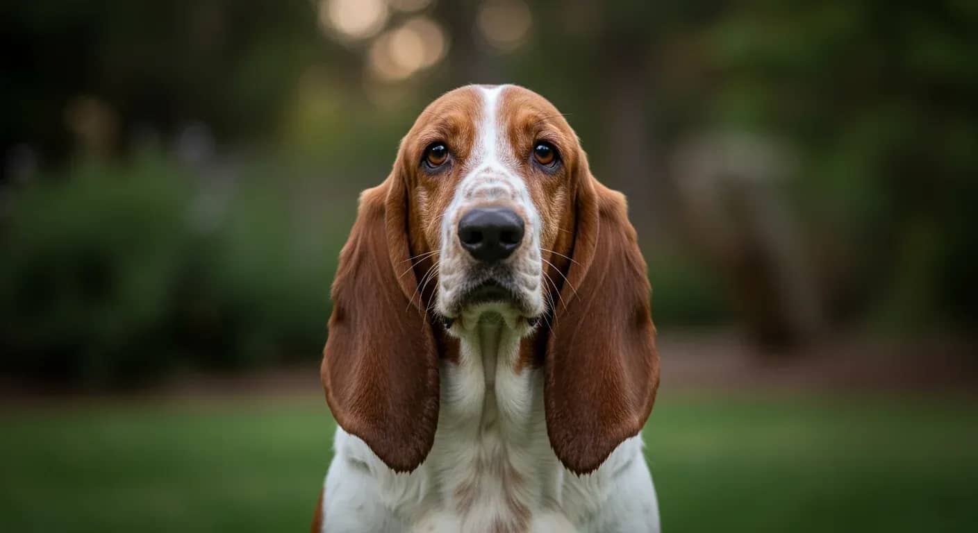 Close-up portrait of a Basset Hound with droopy ears and gentle eyes, representing the breed's friendly yet independent temperament discussed in the article