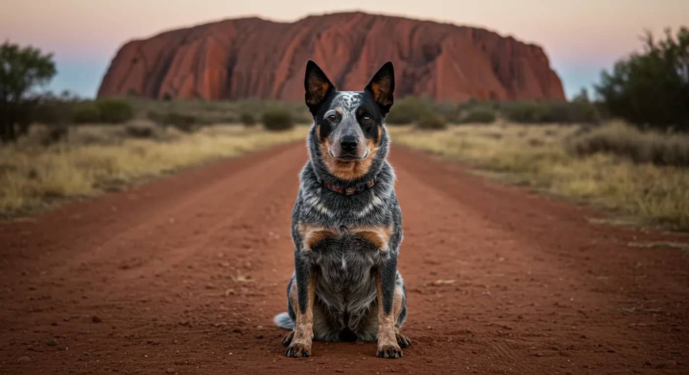 Alert Blue Heeler dog with distinctive blue-speckled coat sitting centered in frame against Australian outback landscape, showcasing the breed's characteristic intense and watchful expression