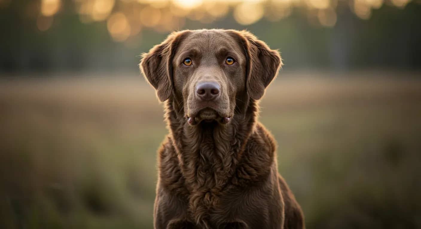 A centered portrait of a Chesapeake Bay Retriever displaying their characteristic alert and reserved temperament, with their distinctive wavy brown coat and intelligent amber eyes, representing the breed's loyal protector personality discussed in the article.