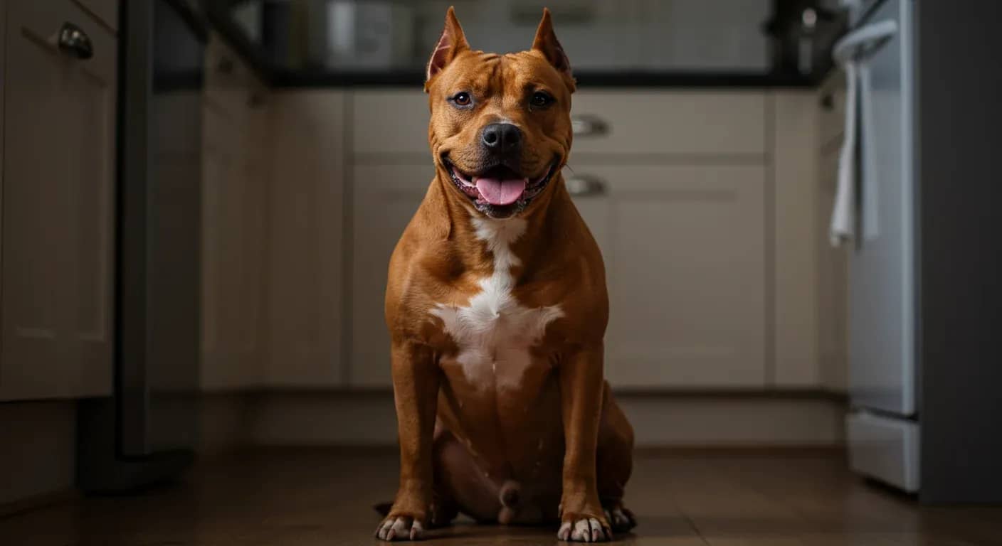 A healthy American Staffordshire Terrier sitting in a kitchen setting, representing the article's focus on dietary needs and food allergies in this breed